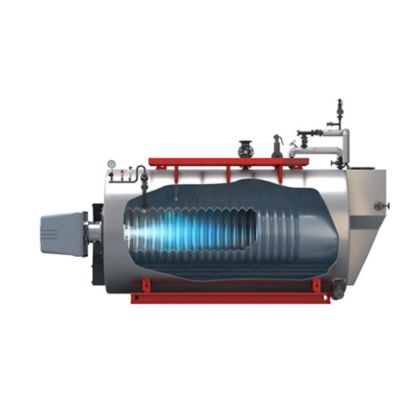 Side view of a 3D-rendered Bosch steam boiler UL-SX showing the heat exchanger tubes and the flame inside the combustion chamber. 