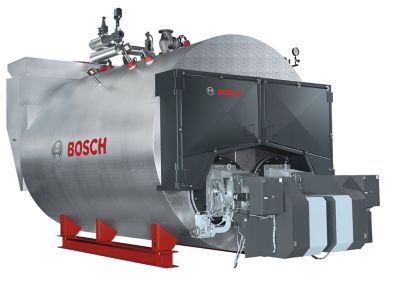 Render of a Bosch ZFR gas-fired boiler on a white background. It shows the burner unit on the boiler's front, a stainless steel casing, red base, valves, gauges, and other safety features. 