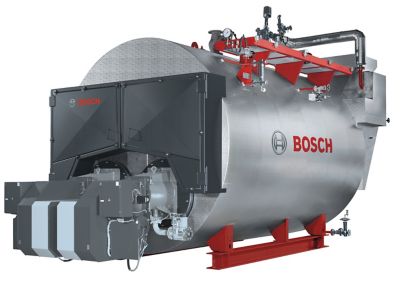 Render of a Bosch ZFR Steam Boiler. The high-capacity boiler has a stainless steel casing, red base, valves, gauges, and other safety features. 