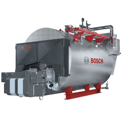 Render of a Bosch Unimat ZFR-X gas-fired boiler showing the burner unit located on the front of the boiler. 