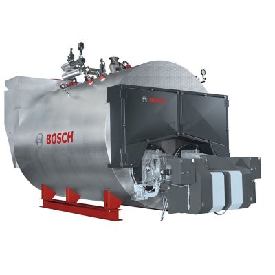 Render of a Bosch ZFR-X Steam Boiler. The high-capacity boiler has a stainless steel casing, red base, valves, gauges, and other safety features. 