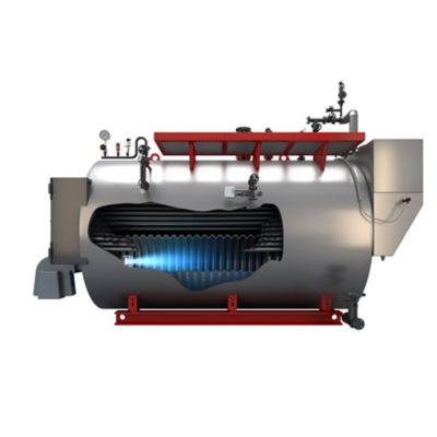 Side view of a 3D-rendered Bosch steam boiler ZFR-X showing the heat exchanger tubes and the flame inside the combustion chamber. 
