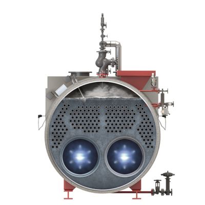 Front view of a 3D-rendered steam boiler ZFR-X showing a detailed view of its interior. 2 combustion chambers and pipes for water transfer. 