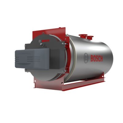 3D side view of a Bosch warm water boiler UTL. The boiler has a grey shell and with a red frame. 