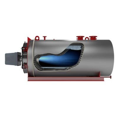 3D side view of a bosch hot water boiler UTL with cross-section showing the internal water circuit and combustion chamber. 