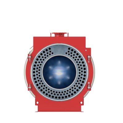 3D render Bosch UTL warm water boiler with a red exterior, a metal circular opening and a blue glow in the center (the combustion chamber).