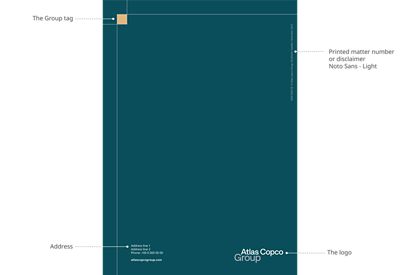 Specifications for back page of the brochure indicating Group tag, Group logo and address.