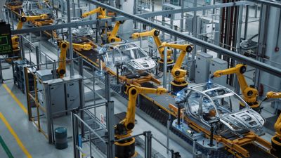 Car Factory 3D Concept: Automated robot arm assembly line manufacturing high-tech green energy electric vehicles.