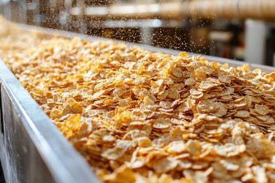 A close-up image of cereal flakes moving on a conveyor belt in a factory setting.