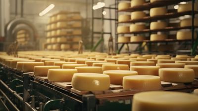 Rows of cheese wheels inside a factory