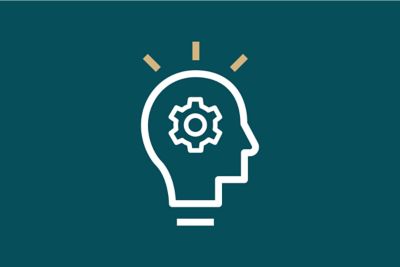 Form of a human head with a gear symbol inside it