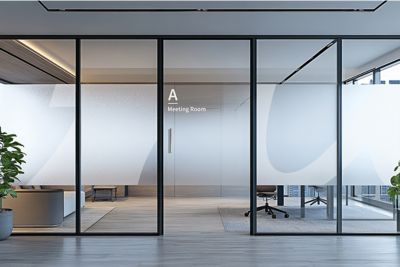 Open office space with an Atlas Copco logo wallpaper in a cutout shape on a glass wall