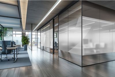 Open office space with an Atlas Copco logo wallpaper in a cutout shape on a glass wall