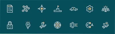 A variety of conceptual icons on a teal background.