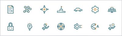 A variety of conceptual icons on a white background.