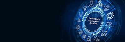 Customer.Service.Experience inside a blue circle on a black background.