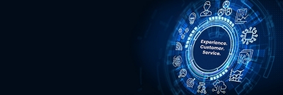 Customer.Service.Experience inside a blue circle on a black background.