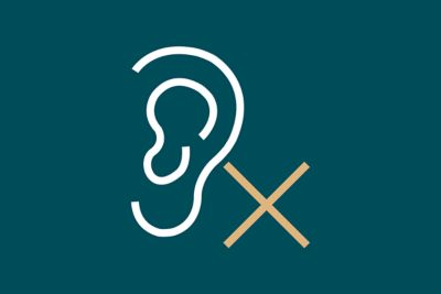 An ear with a cross out symbol next to it