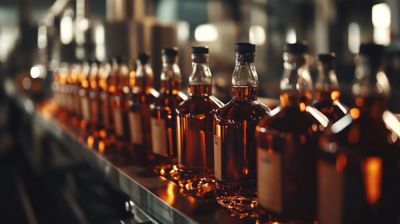 Bottles of amber liquid on a conveyor belt in a distillery