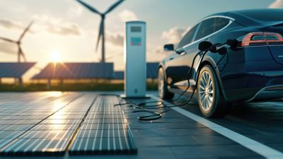 Electric car at charging station with wind mills in the background. 