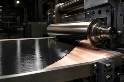 dark electrode coating is applied to a copper foil in a battery factory