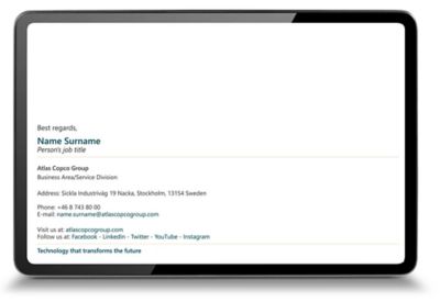 Email signature featuring name, title, followed by the Business Area / Division, etc.