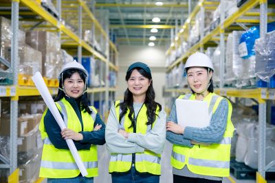 Three female colleagues in safety gear standing proudly facing the camera in one of our warehouses.