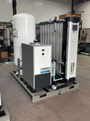 Image of a nano GEN2i4.0 nitrogen gas generator skid with TMC thermal mass refrigerated dryers and receiver