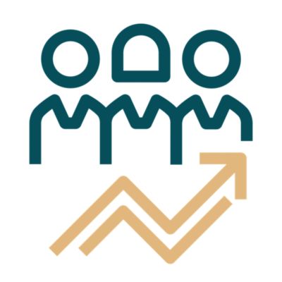 Icon of three people next to each other, with an upwards trending arrow below