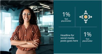 Facebook post image with smiling woman, numbers, icons and text on a teal background.