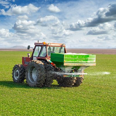 Farmer in tractor fertilizing wheat field at spring with npk