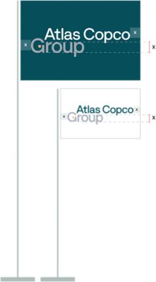 A detailed image of how the Atlas Copco Group logo is applied to a flag, with lines highlighting different areas of the logo.