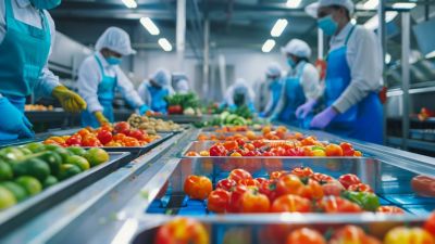 Workers in protective food safety gear sort a variety of fresh vegetables on an assembly line in a well-lit, modern food processing facility.