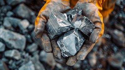 Gloved hands holding dirty earth minerals, seemingly in a mine. 