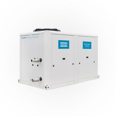 A reversible heat pump of Atlas Copco available for rent on a white background.