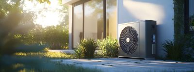 Heat pump outside a residence in the garden