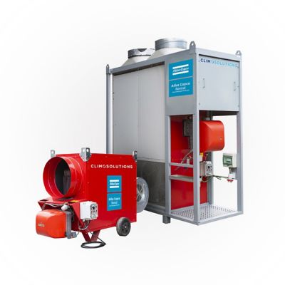 Two red and gray Atlas Copco Rental gas-oil heat generators on a white background.