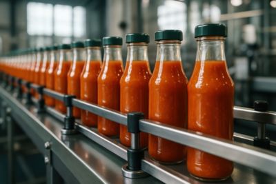 Glass bottles filled with orange sauce moving along a conveyor belt in a modern food processing factory. industrial production of condiments or beverages.