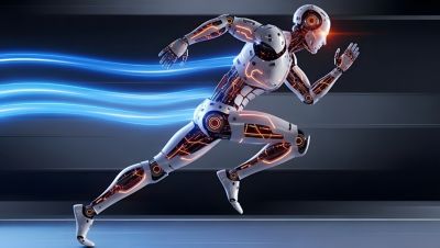 Futuristic humanoid robot sensitive electronic components running at high speed