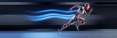 Futuristic humanoid robot sensitive electronic components running at high speed