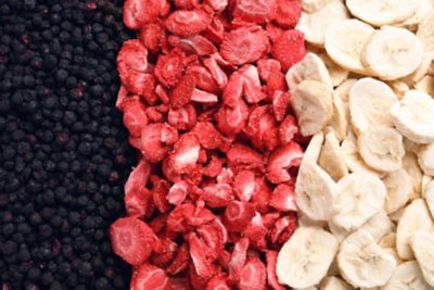 Closeup of freeze dried blueberries, strawberries and bananas as background, top view