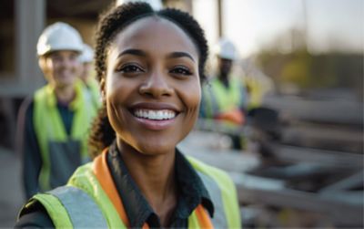 Woman employee taking a selfie on an outdoor work site