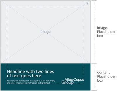 Logotype in a teal box to the right in a square layout.