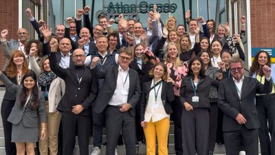 Participants celebrating outside the Stockholm headquarters.