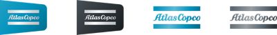 Four examples of the Atlas Copco logo in blue and gray