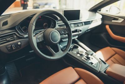 Visiting car dealership. Interior of modern automobile presented in dealership