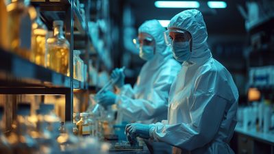 Two people in protective equipment working in a lab with a shelf of bottles in from of them.