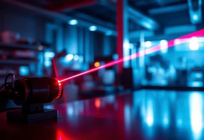 A red laser emits a focused beam on an optical table inside a physics laboratory, highlighting experimental apparatus and equipment.