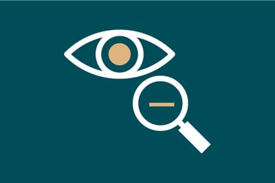 An eye with a magnifying glass next to it with a negative sign