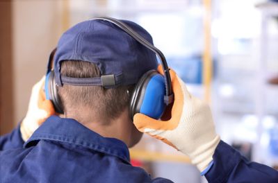 Male worker with hearing protectors, indoors